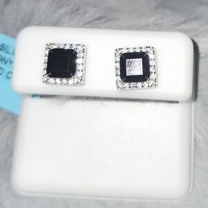 Square Sterling Silver, Moissanite, and Black Onyx Earrings
